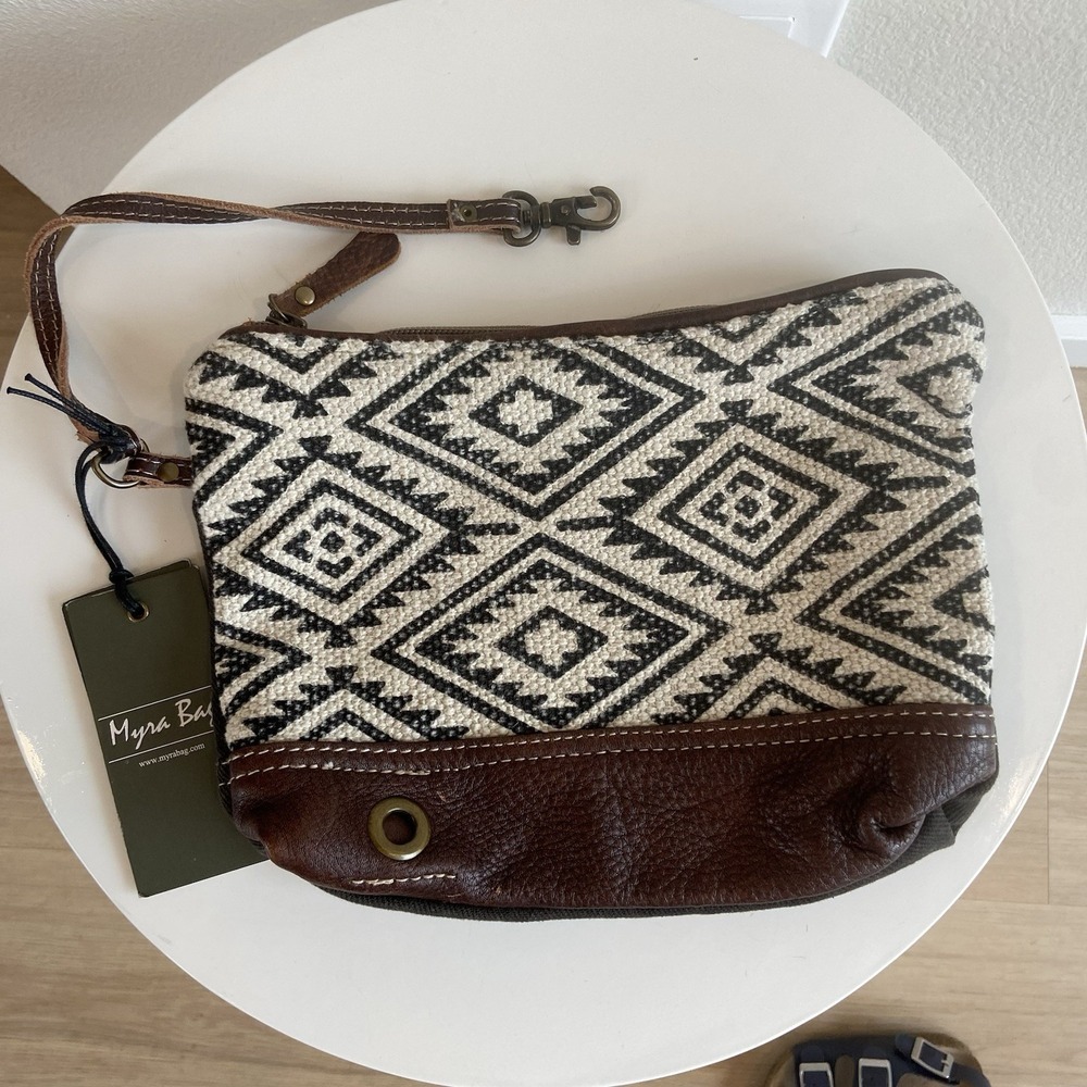 Myra Bag Diamond Rug Design Leather Canvas  Crossbody Wristlet